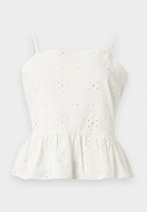 Haut blanc sans manches avec fines bretelles, broderie florale perforée, corsage ajusté et ourlet à volants.