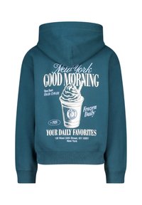 Teal hoodie featuring a white graphic design of a soft serve ice cream cup with text, including "New York" and location details, on the back.