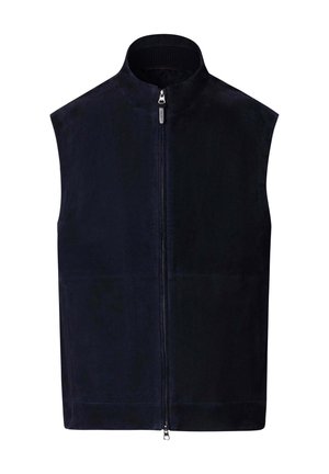 Marineblauw mouwloos vest met een hoge kraag en een rits aan de voorkant die van boven naar beneden loopt.