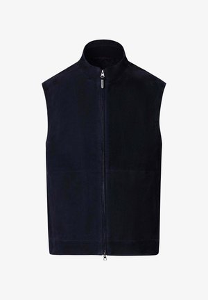 Veste sans manches bleu marine avec un col montant et une fermeture éclair à l'avant allant du haut jusqu'en bas.