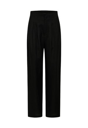 Black trousers with a high waist, featuring pleats, a straight fit, and a smooth texture, made from lightweight fabric.