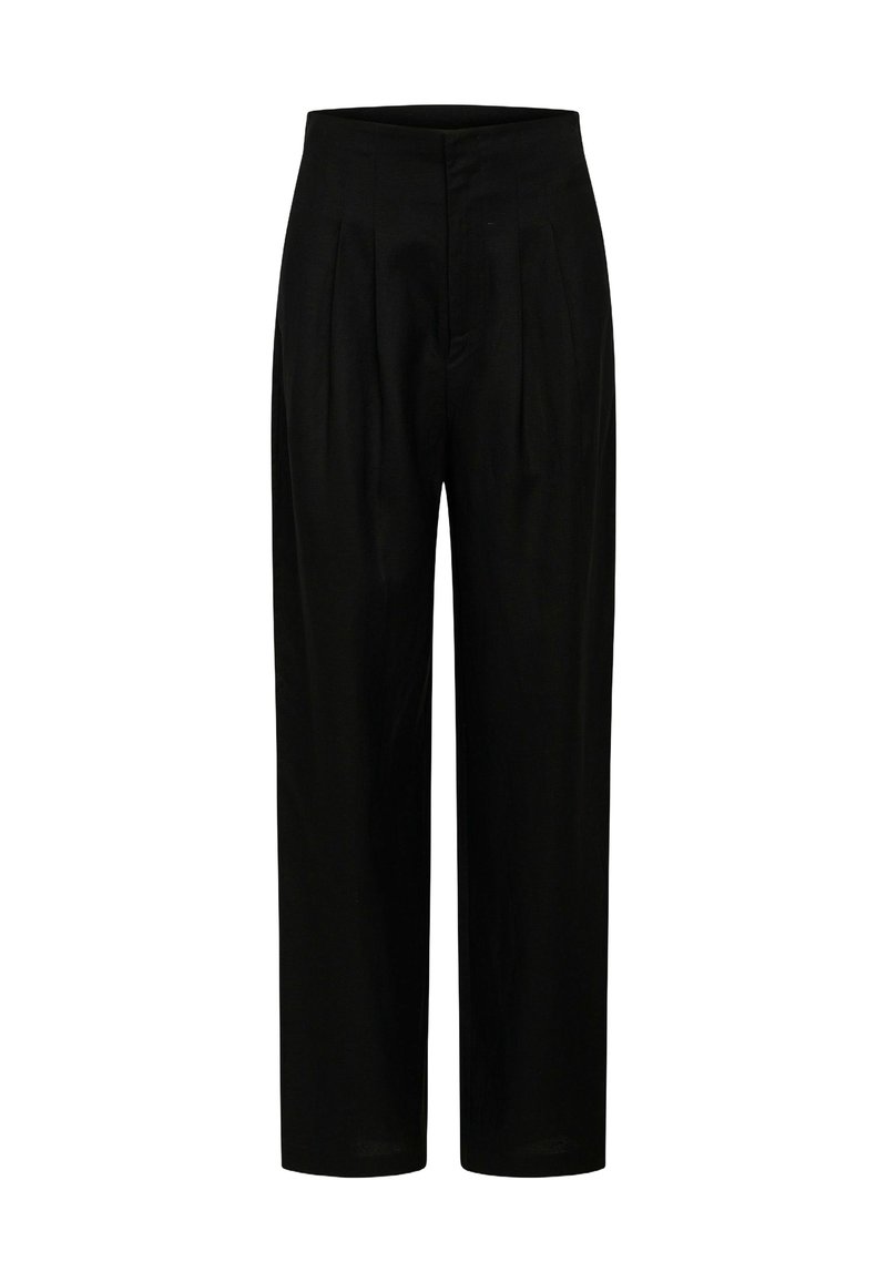 Zwarte broek met een hoge taille, voorzien van plooien, een rechte pasvorm en een gladde textuur, gemaakt van lichtgewicht stof.