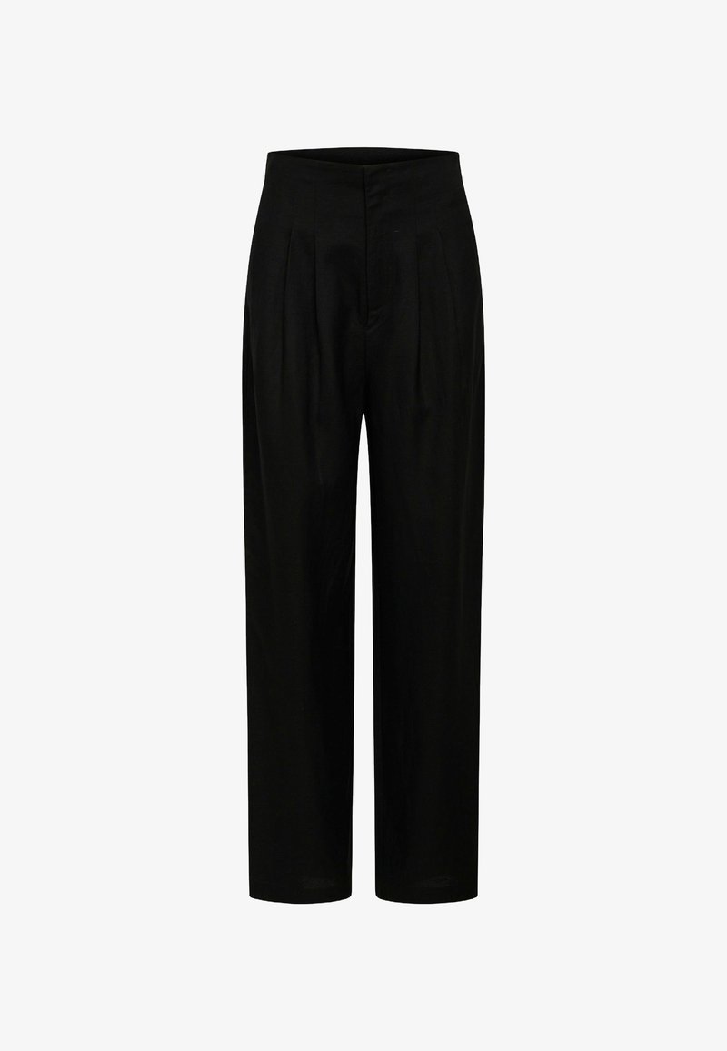 Black trousers with a high waist, featuring pleats, a straight fit, and a smooth texture, made from lightweight fabric.