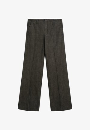 Wide-leg trousers in dark gray denim, featuring two front pockets, a clean waistband, and a smooth texture with subtle stitching details.