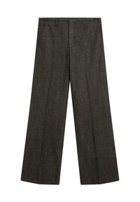 Wijd uitlopende broek van donkergrijs denim, voorzien van twee steekzakken aan de voorkant, een strakke tailleband en een gladde textuur met subtiele stikseldetails.