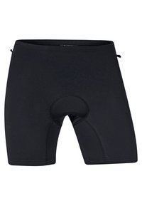 Svarta atletiska shorts gjorda av elastisk väv, med en åtsittande design, sömlösa kanter och en rund vadderad insats i mitten.