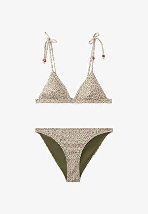 Bikini deux pièces avec haut triangle et bas taille basse en motif floral vert et beige, doté de bretelles réglables à nouer.