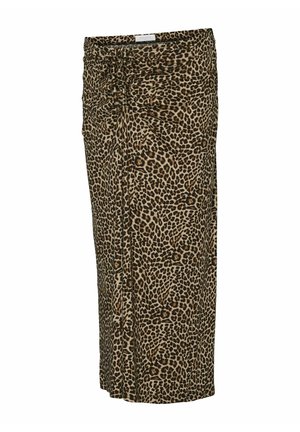Krilo v leopardjem vzorcu, izdelano iz mehke tkanine, z nabrano zasnovo, srednje dolžine, z bež ozadjem in temno rjavimi pikami.