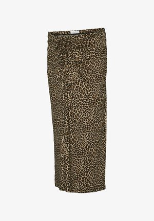 Gonna a stampa leopardata realizzata in tessuto morbido, con un design arricciato, di lunghezza media, con uno sfondo beige e macchie marroni scure.