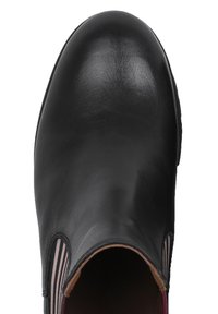 Czarna skórzana pantofel z okrągłym noskiem, elastycznymi bocznymi panelami z wzorem w paski, gładką teksturą i delikatnym połyskiem na powierzchni.