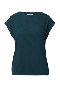 Tyrkysový top s krátkým rukávem a texturovaným vzorem, ideální pro běžné nošení. Jednoduchý a moderní design.