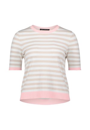 Chemise à manches courtes rayée avec des lignes horizontales beige et blanches, col rond côtelé rose, poignets de manches et ourlet.