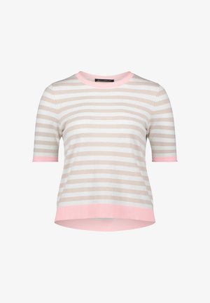 Gestreiftes T-Shirt mit kurzen Ärmeln und beige-weißen horizontalen Streifen, rosa gerippter Rundhalsausschnitt, Ärmelsäume und Saum.