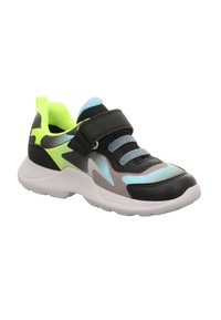 Sneakers with a black, gray, and neon green design. Features a mesh upper, adjustable strap, and a thick white sole.