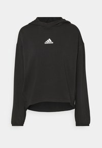 Sweat à capuche noir à manches longues en matière douce, arborant un logo Adidas blanc sur la poitrine et un design décontracté et court.