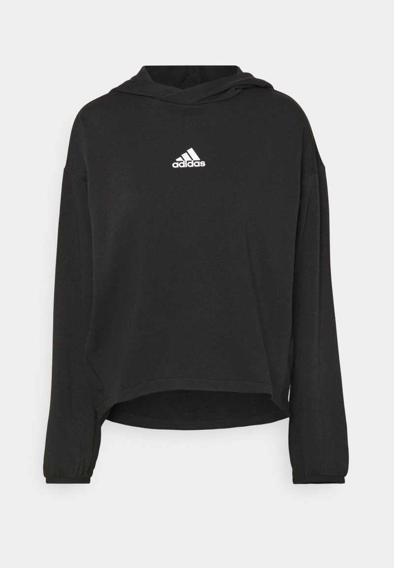 Sweat à capuche noir à manches longues en matière douce, arborant un logo Adidas blanc sur la poitrine et un design décontracté et court.