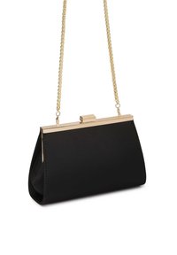 Borsa a tracolla in tessuto nero con catena dorata, forma rettangolare e chiusura a morsetto in metallo, caratterizzata da una texture liscia e linee pulite.