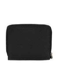 Juodas odinis piniginė su lygiu paviršiumi, stačiakampiu pavidalu ir sidabriniu užtrauktuku. Minimalistinis dizainas, be matomų raštų ar akcentų.