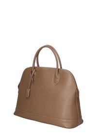 Borsa in pelle marrone con forma strutturata, manici superiori doppi, chiusura con zip e texture impressa. Nessun hardware o decorazione visibile.