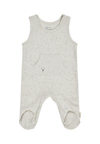 Gray, sleeveless baby romper in a soft, speckled fabric with a front pocket and embroidered sheep detail. Snap buttons at the shoulders.
