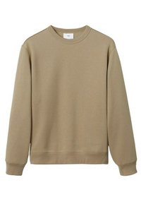 Felpa beige a maniche lunghe con scollo tondo, polsini e bordo a coste, mostrata su sfondo bianco.