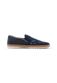 Navy woven slip-on shoe with a textured upper, elastic side, and cork midsole; white rubber outsole with a flat design for comfort.