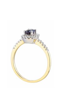 Auksinis ir sidabrinis žiedas su apvaliu tamsiu akmeniu centre, apsuptu karūnos formos rėmo ir mažų skaidrių akmenukų aplink juostą.