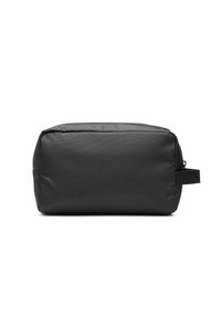 Czarna prostokątna saszetka o gładkiej fakturze, wykonana z trwałej tkaniny, z zamkiem błyskawicznym na górze i bocznym uchwytem do łatwego noszenia.