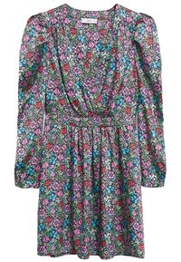 Blumenkleid mit grünem Hintergrund, verziert mit lila, roten und blauen Blumen. Lange Puffärmel und eine geraffte Taille, der Stoff hat eine glatte Textur.