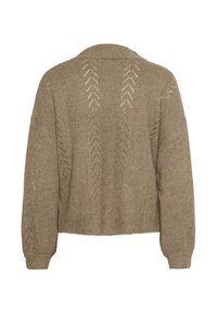 Pull en laine brun clair avec une coupe ample, col en V et des motifs de couture ouverte détaillés dans le dos. Manches longues avec des bords côtelés.