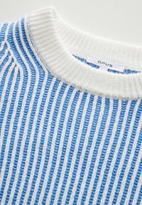 Gros plan d’un pull tricoté à rayures verticales bleues et blanches avec un col côtelé blanc et une étiquette de marque « OPUS ».