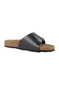 Sandalo slide in pelle nera con suola in sughero, tomaia testurizzata e suola in gomma nera. Caratterizzato da una fascia ampia e un branding minimale.