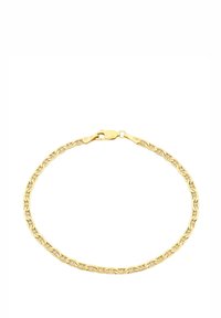 Náramok zlatého kovu s prepojenými článkami s hladkým povrchom a bezpečným zapínaním. Jednoduchý, kruhový reťazový dizajn.