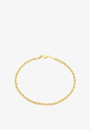 Brazalete de metal dorado con eslabones interconectados de acabado liso y cierre seguro. Diseño sencillo de cadena circular.