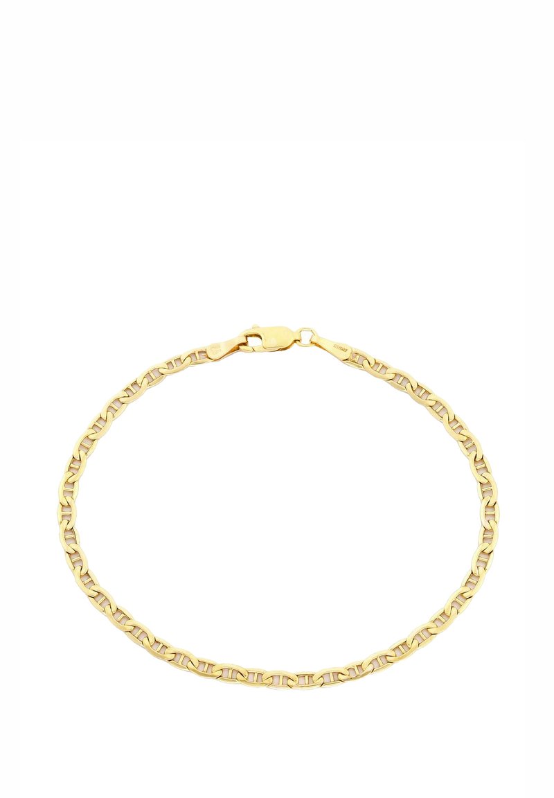 Náramok zlatého kovu s prepojenými článkami s hladkým povrchom a bezpečným zapínaním. Jednoduchý, kruhový reťazový dizajn.