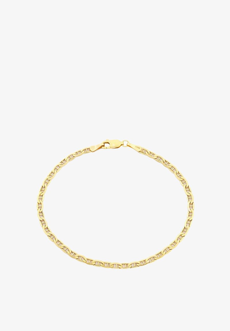 Náramok zlatého kovu s prepojenými článkami s hladkým povrchom a bezpečným zapínaním. Jednoduchý, kruhový reťazový dizajn.