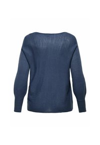 Pull bleu foncé à manches longues vu de dos avec un large col et des poignets côtelés sur fond blanc.