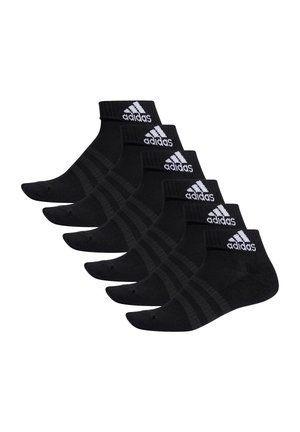 Black athletic socks, six-pack, featuring a ribbed cuff and white Adidas logo. Made of textured fabric with reinforced heel and toe.