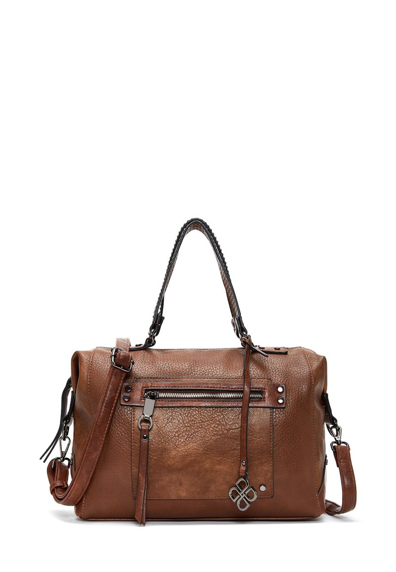 Borsa a mano in pelle marrone con superficie texturizzata, manici doppi e tracolla regolabile. Presenta una tasca anteriore con zip e accessori decorativi.