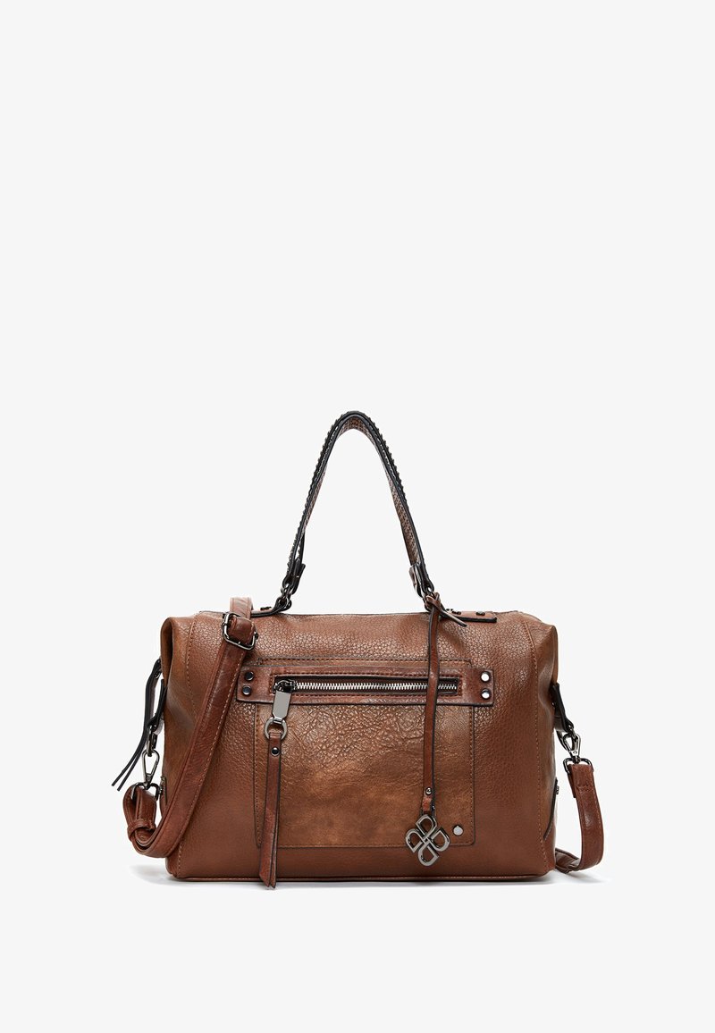 Sac à main en cuir brun avec surface texturée, doubles poignées et bandoulière réglable. Doté d'une poche zippée à l'avant et de quincaillerie décorative.