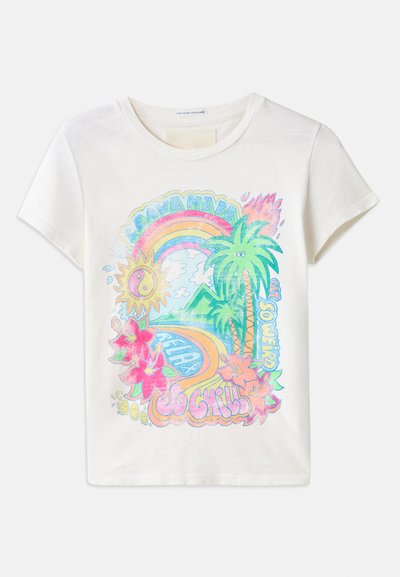 Medvilninis marškinėliai su kreminiu pagrindu, vaizduojantys spalvingą saulės, vaivorykštės, palmės ir tropinių gėlių grafiką. Trumpomis rankovėmis ir apvalia iškirpte.