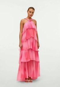 Pink layered gown with cascading ruffles, halter neckline, and sheer fabric. Floor-length with smooth texture and minimal accents.
