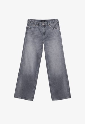 Weite graue Jeans aus Denim mit verblasster Optik, Knopfverschluss und Fünf-Taschen-Design. Mit doppelten Nähten und silberfarbenen Beschlägen.