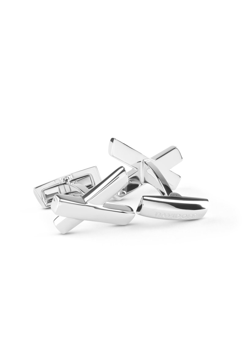 Silver cufflinks featuring a sleek, cross design with polished surfaces and a clasp mechanism. The brand name "DAVIDOFF" is engraved.