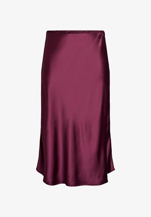 Burgundijas satīna svārki ar gludu tekstūru, līdz ceļgaliem, izplūstoša dizaina un ar maigu spīdumu, ar vienkāršu elastīgu jostu.