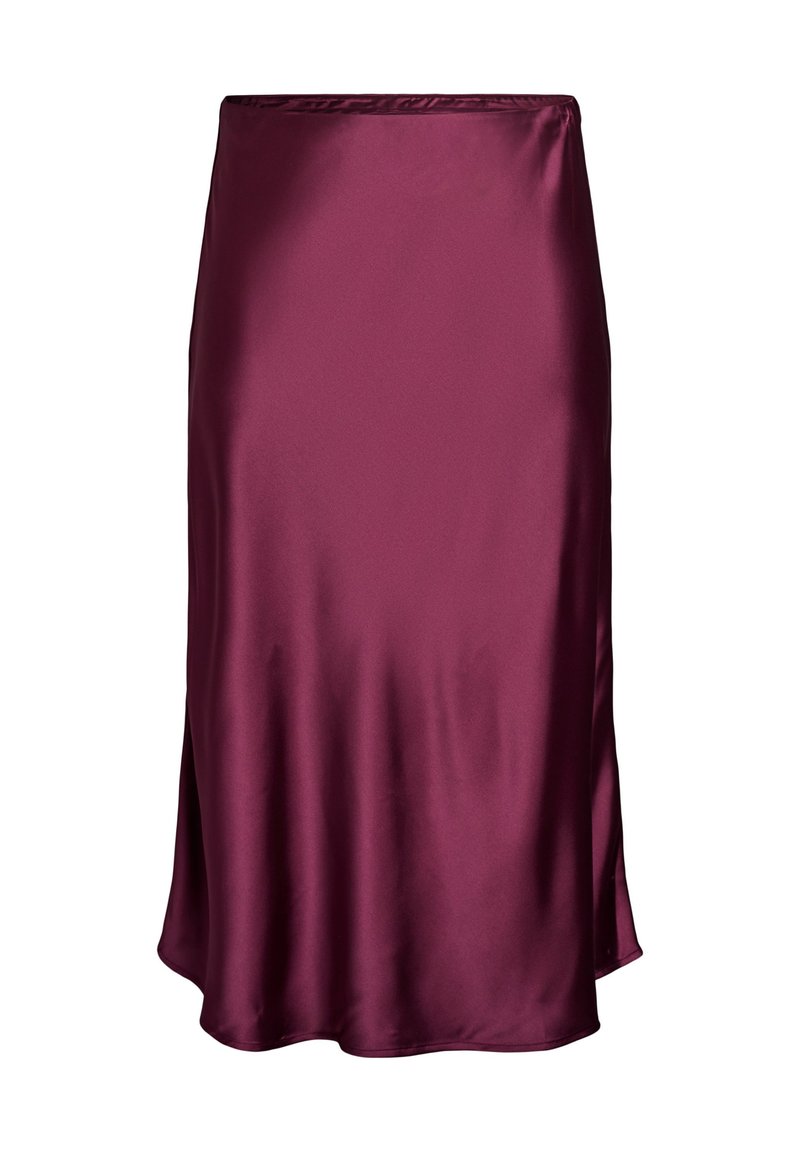 Burgunderfarbene Satin-Rock mit glatter Textur, knielang, mit ausgestelltem Design und subtiler Schimmer, ausgestattet mit einem einfachen elastischen Bund.