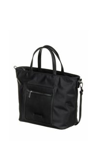 Sac cabas noir avec double poignée, bandoulière amovible, poche avant zippée et détails en texture grainée sur la poche et les poignées.