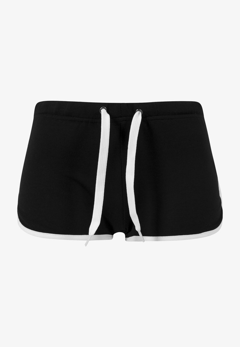 Pantaloni sportivi neri con corde bianche, bordi bianchi a contrasto lungo l'orlo e una vestibilità aderente per un comfort ottimale durante l'attività fisica.