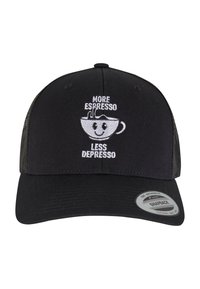 Casquette snapback noire avec dos en mesh, portant le texte brodé blanc "PLUS D'ESPRESSO MOINS DEPRESSION" au-dessus d'un graphique de tasse à café souriante.