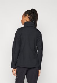 Black jacket with high collar, soft texture, and a fitted cut. Features are minimal seams and a smooth finish. Available in a back view.